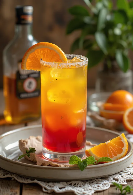 Tequila Sunrise kokteilis, rotāts ar apelsīna šķēli un ķirsi