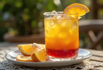 Tequila Sunrise kokteilis, rotāts ar apelsīna šķēli un ķirsi