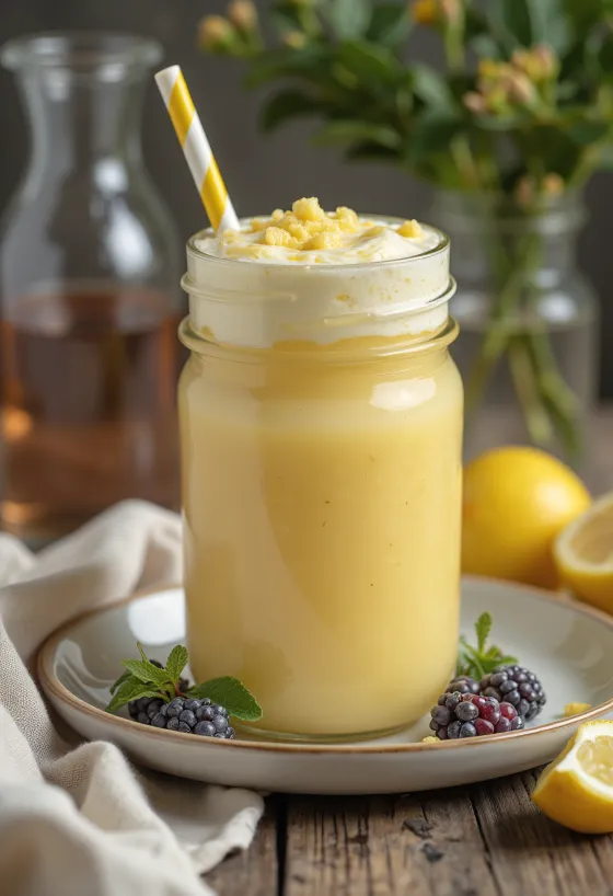 Citronu un plūškoka smūtijs glāzē ar salmiņu
