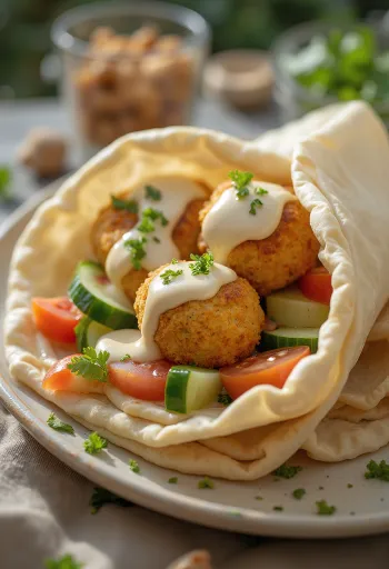 Falafels pitas maizē ar svaigiem dārzeņiem un tahini mērci