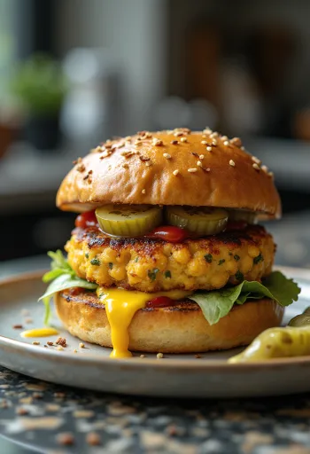 Baklažānu burgers ar svaigiem dārzeņiem