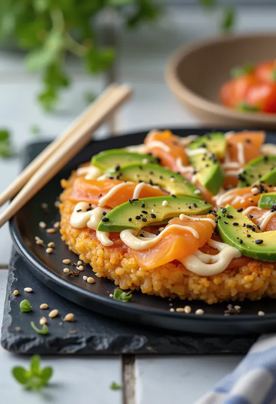 Sushi pizza ar japāņu rīsu pamatni, lasi un avokado