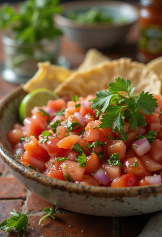 Tomātu salsa ar koriandru un laimu pasniegta bļodā