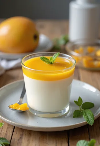 Mango panna cotta rotāta ar svaigiem augļiem un mango mērci