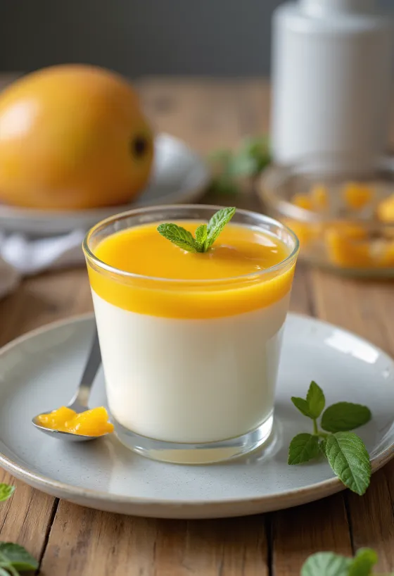 Mango panna cotta rotāta ar svaigiem augļiem un mango mērci