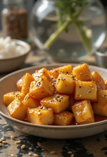Cepts tofu augļu marinādē, pārkaisīts ar sezama sēklām un koriandru