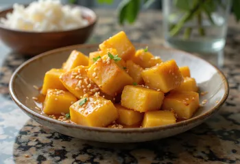 Cepts tofu augļu marinādē, pārkaisīts ar sezama sēklām un koriandru
