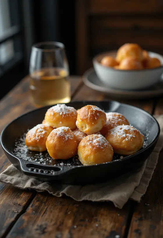 Æbleskiver dāņu apaļie virtuļi pārkaisīti ar pūdercukuru