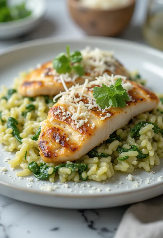 Vistas krūtiņa ar spinātu risoto pasniegta uz šķīvja