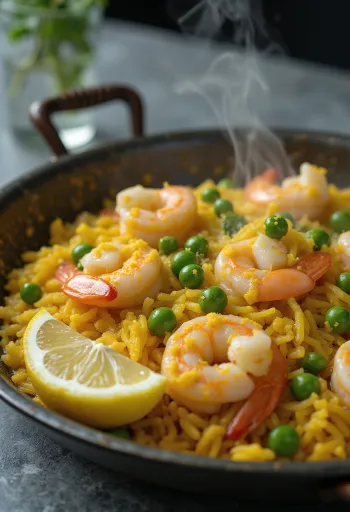 Spāņu paella ar svaigām jūras veltēm, dārzeņiem un safrānu