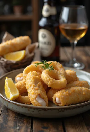 Panēti kalmāri ar cūkgaļas pildījumu, kraukšķīgā panējumā ar citronu un pētersīļiem