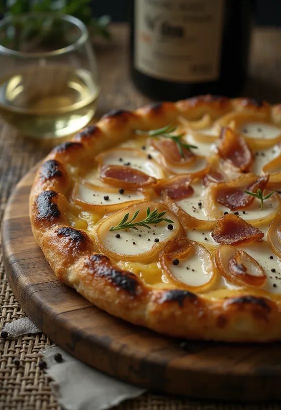 Tarte flambée ar skābo krējumu, sīpoliem un bekonu