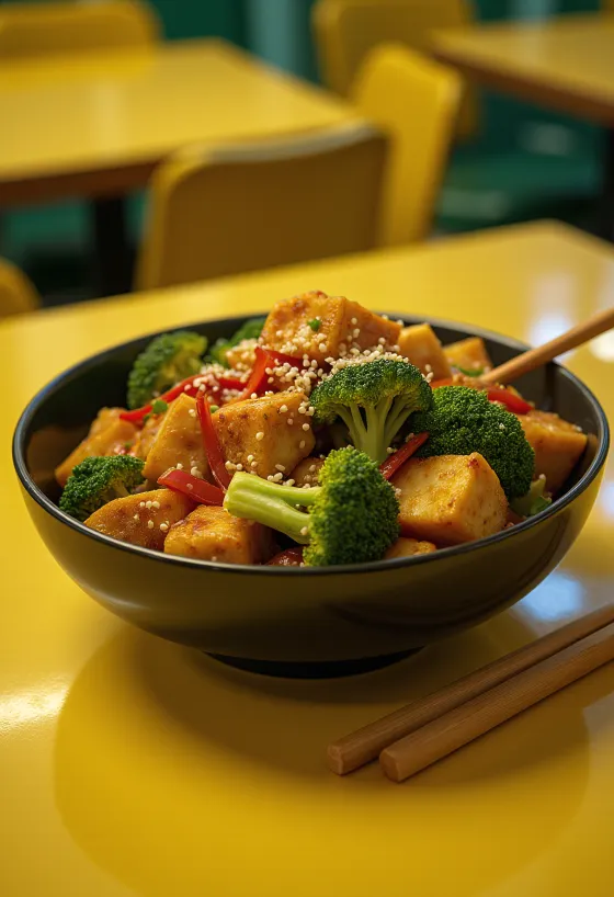 Dārzeņu un tofu vokpannas ēdiens ar svaigu koriandru