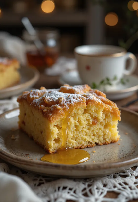 Ingvera kūka ar zeltaini brūnu, irdenu tekstūru, pārkaisīta ar pūdercukuru.