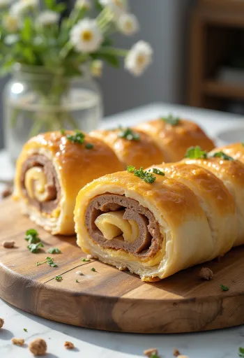 Zeltaini brūna gaļas rulette, pasniegta ar svaigiem dārzeņiem un mērci.