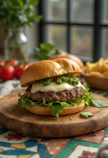 Mozzarella siera hamburgers ar sulīgu gaļas kotleti un svaigu baziliku