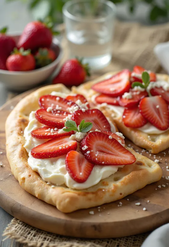 Pasniegta piadina ar krēmsiera un zemeņu pildījumu