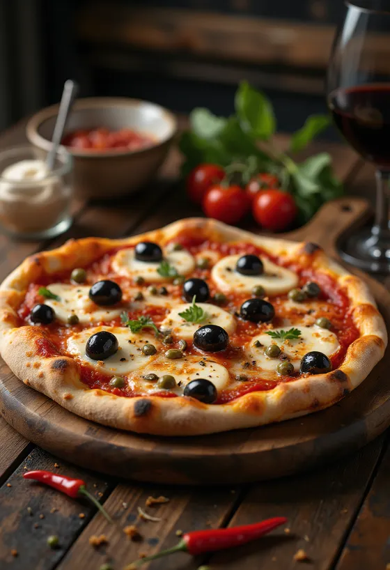 Pizza alla Puttanesca ar anšoviem un kaperiem