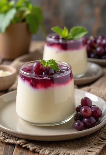 Vīnogu panna cotta pasniegta