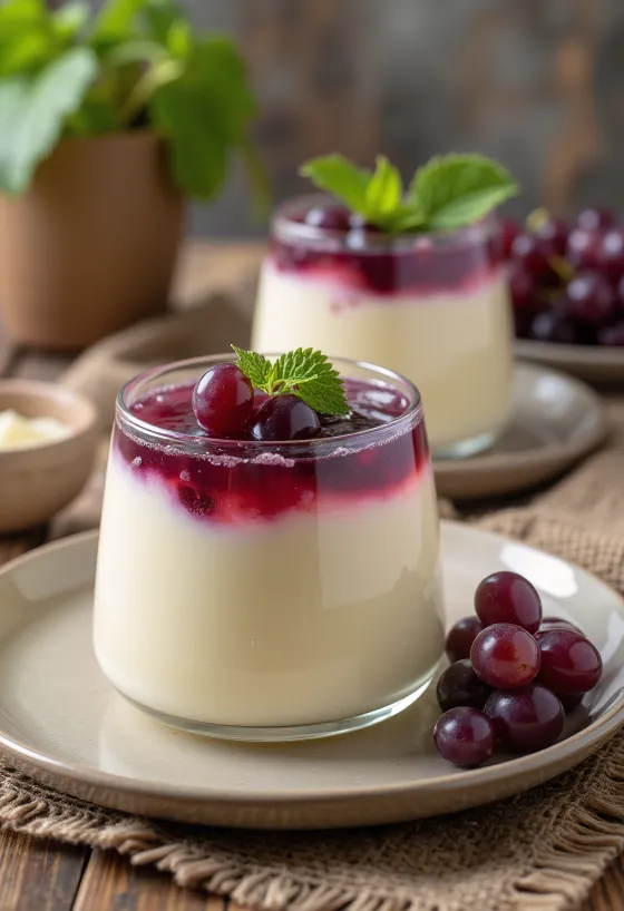 Vīnogu panna cotta pasniegta