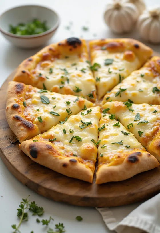 "Quattro Formaggi" pica ar ķiploku eļļu pasniegta