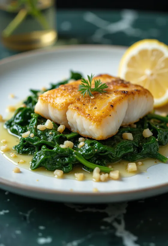 Cepta zivs ar ķiploku spinātiem