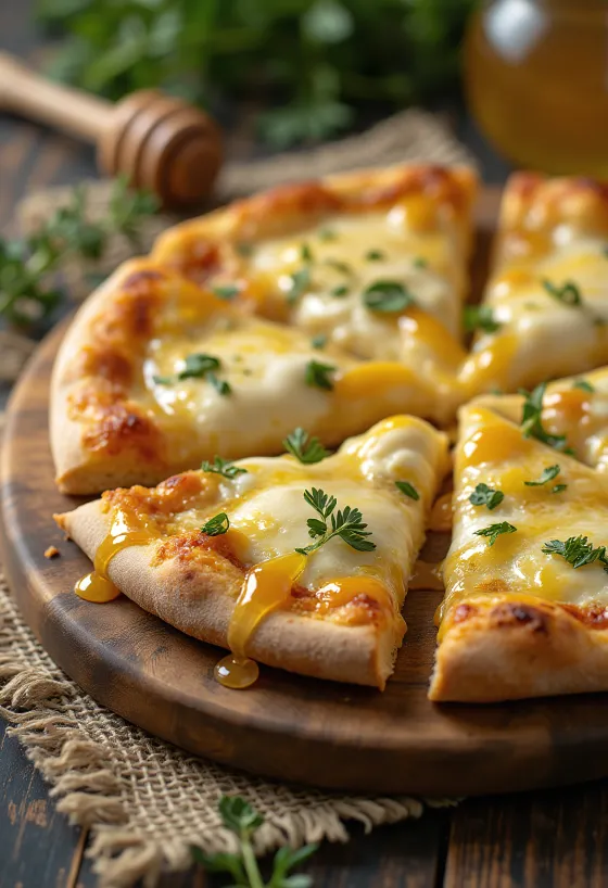"Quattro Formaggi" pica ar medu pasniegta