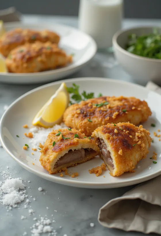 Kraukšķīgas panētas cūku aknas, ceptas zeltaini brūnas, pasniegtas ar svaigiem salātiem.