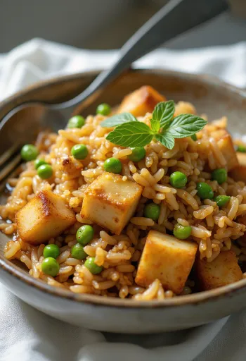 Tempeh ceptos rīsos ar dārzeņiem un sojas mērci