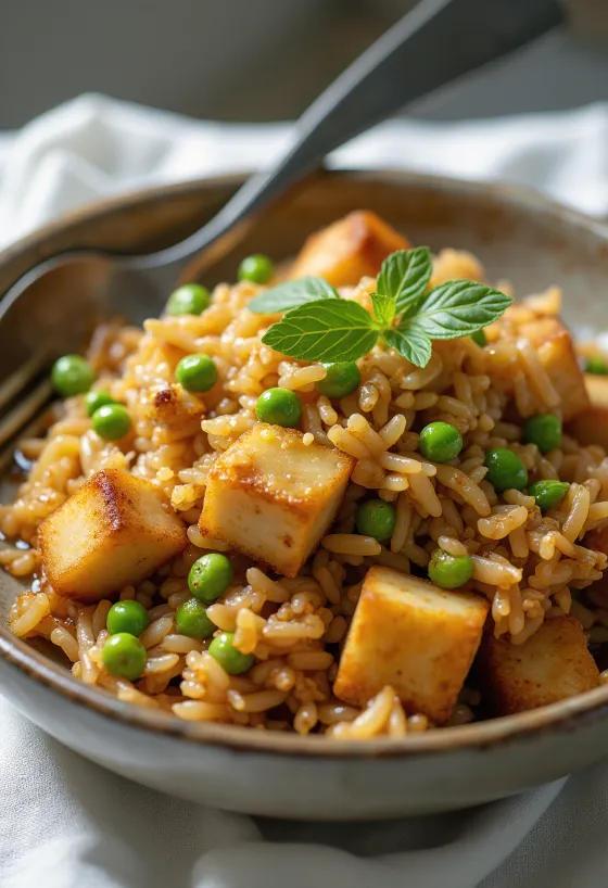 Tempeh ceptos rīsos ar dārzeņiem un sojas mērci
