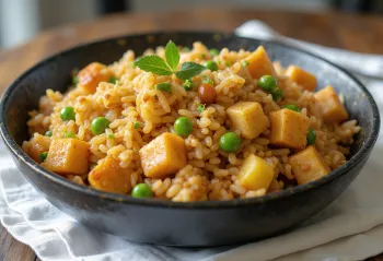 Tempeh ceptos rīsos ar dārzeņiem un sojas mērci