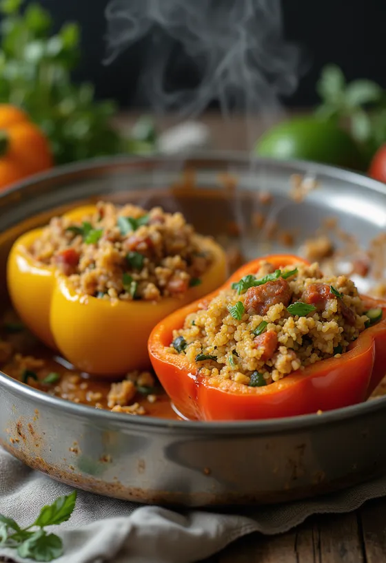 Ar bulguru pildīta paprika pasniegta