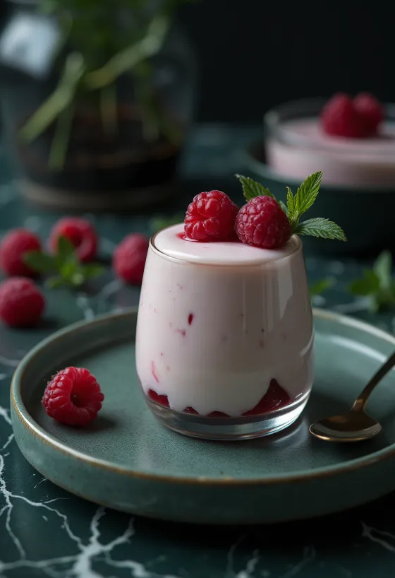Aveņu panna cotta rotāta ar svaigām ogām un aveņu mērci