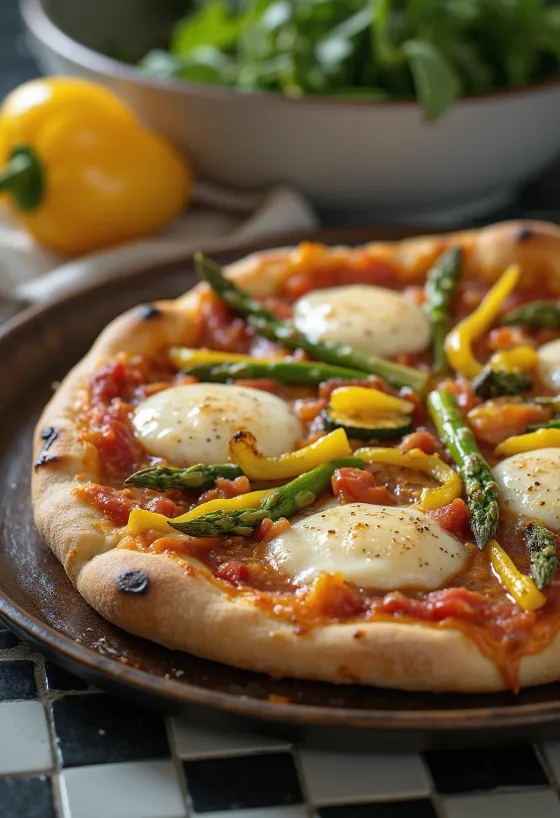 Pizza Primavera ar pavasara dārzeņiem un baziliku