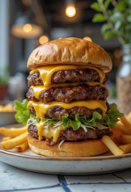 Pasniegts trīskāršais gaļas burgers