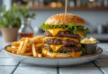 Pasniegts trīskāršais gaļas burgers