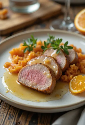 Uz restēm cepta pīles krūtiņa apelsīnu mērcē pasniegta