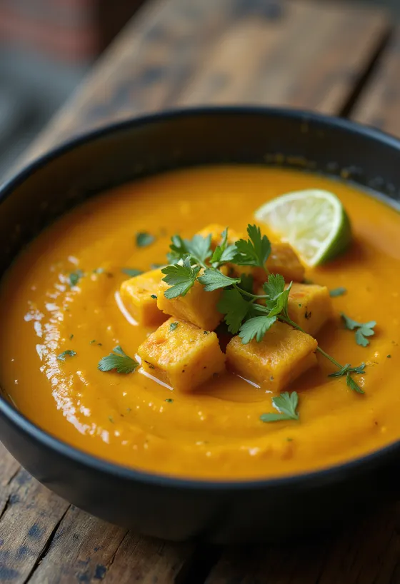 Ķirbju krēmsupa ar karija tofu