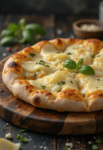 Pizza ai Formaggi pasniegta ar dažādiem sieriem un svaigu baziliku