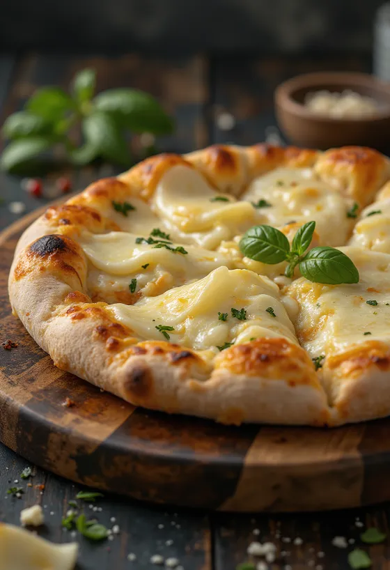 Pizza ai Formaggi pasniegta ar dažādiem sieriem un svaigu baziliku