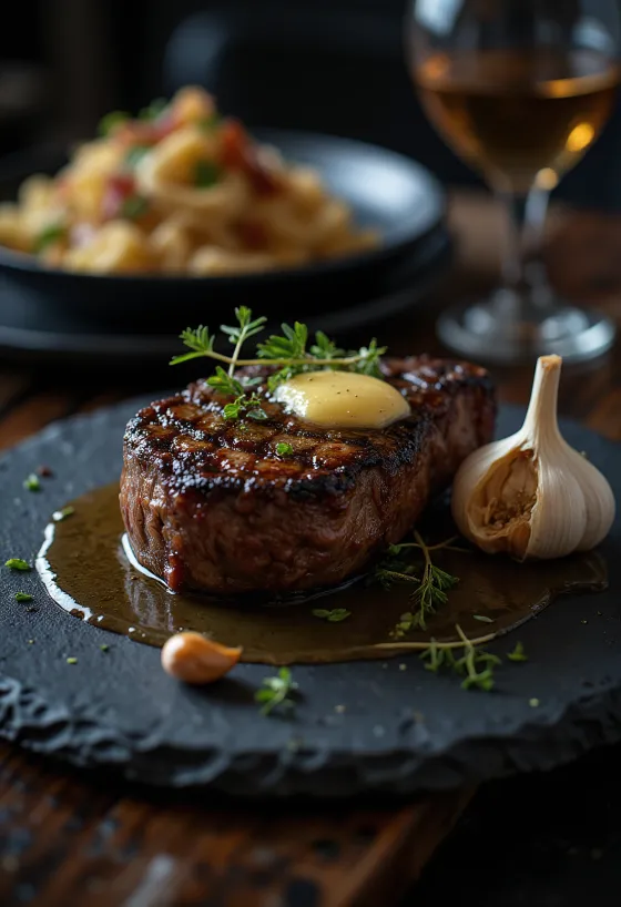 Rib-eye steiks, cepts zeltaini brūns, pasniegts ar svaigiem zaļumiem un sviestu