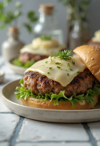Pasniegts estragona teļa gaļas burgers
