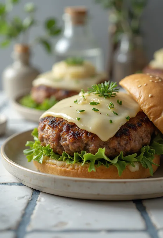 Pasniegts estragona teļa gaļas burgers