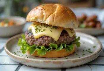 Pasniegts estragona teļa gaļas burgers