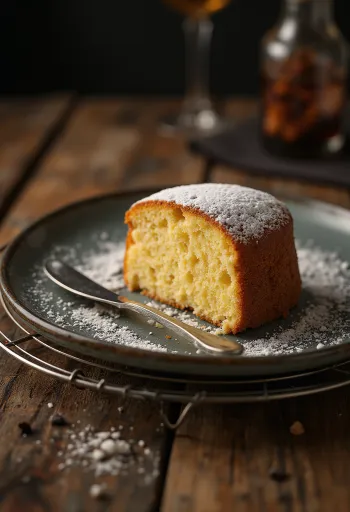 Brūnā sviesta torte pasniegta sagriezta