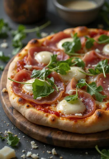 Pizza al Prosciutto Crudo pasniegta ar Parmas šķiņķi un rukolu