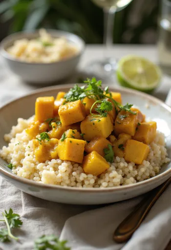 Ķirbju un laima tofu karijs ar kvinoju pasniegts