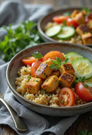 Grilēts tofu, pasniegts ar kinojas salātiem