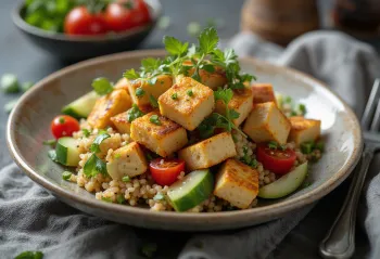 Grilēts tofu, pasniegts ar kinojas salātiem