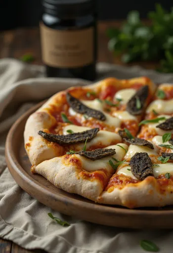 Trifeļu pica pasniegta ar mocarellu un parmezāna sieru